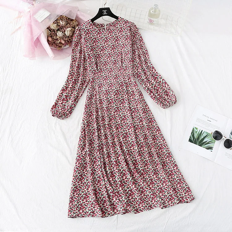 Trendy Street Style French retro super fairy broken flower bottomed long skirt with thin waist  4007