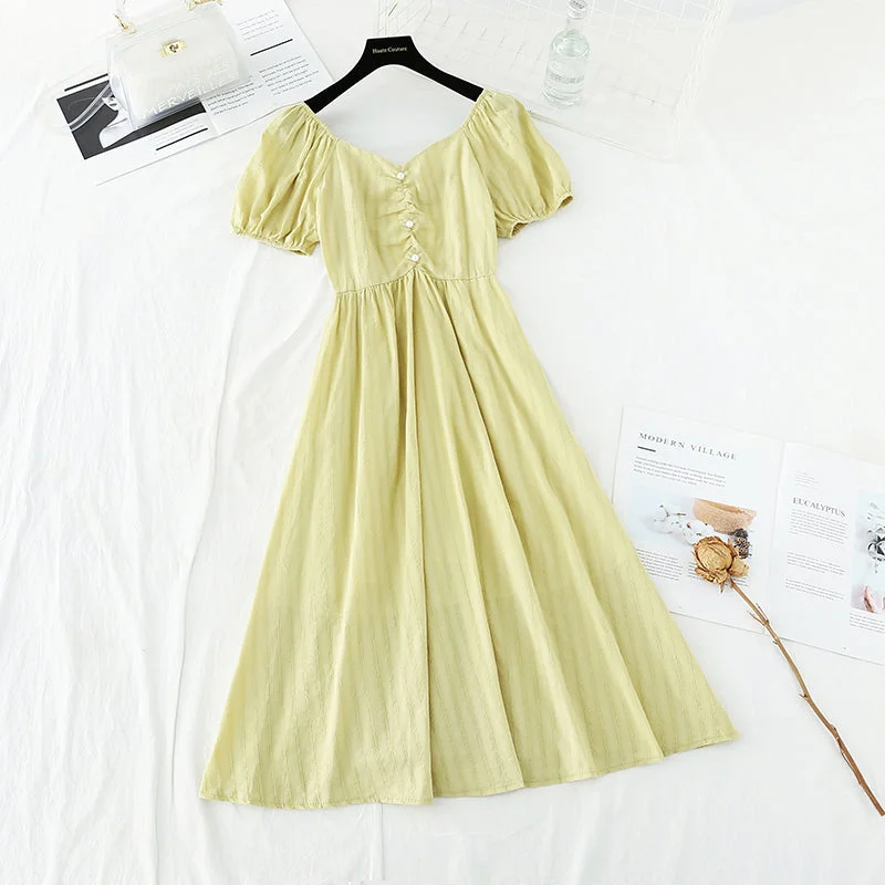 Limited Time French retro bubble sleeve waist closing temperament long skirt  4196