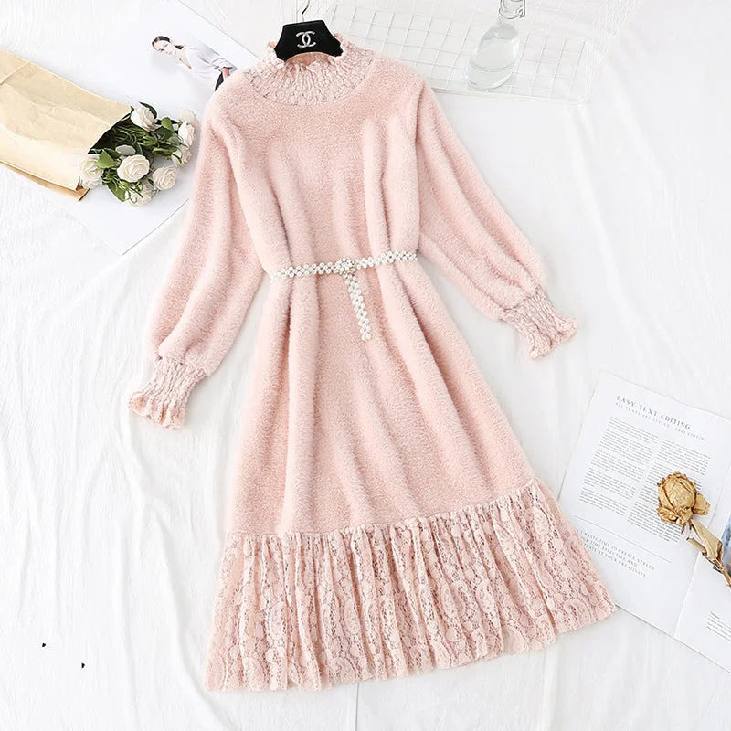 Special Offers New style lace stitched knee length mink sweater with bottom skirt  4767