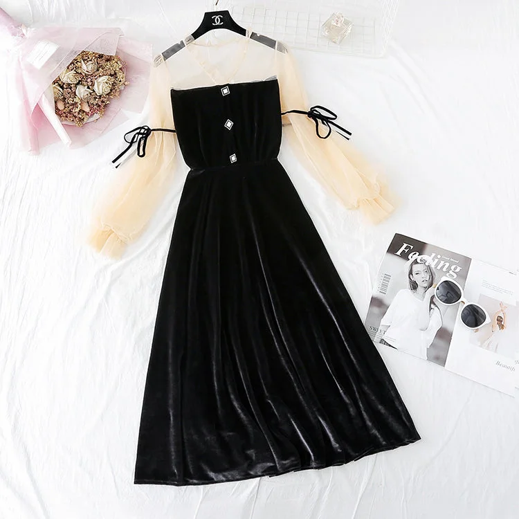 Premium Quality Garments Vintage mesh stitched golden velvet skirt fairy super fairy series  4034