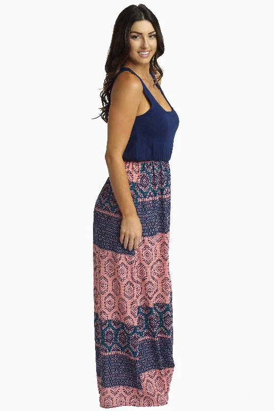 Coral Navy Geometric Bottom Maxi Dress