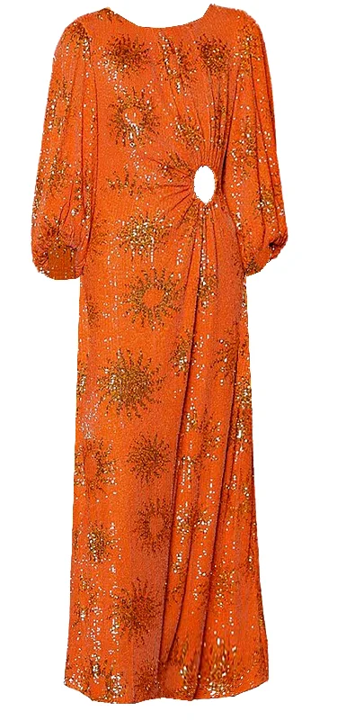 Farm Rio Women Sunny Mood Orange Sequin Long Sleeve Cut Out Midi Dress