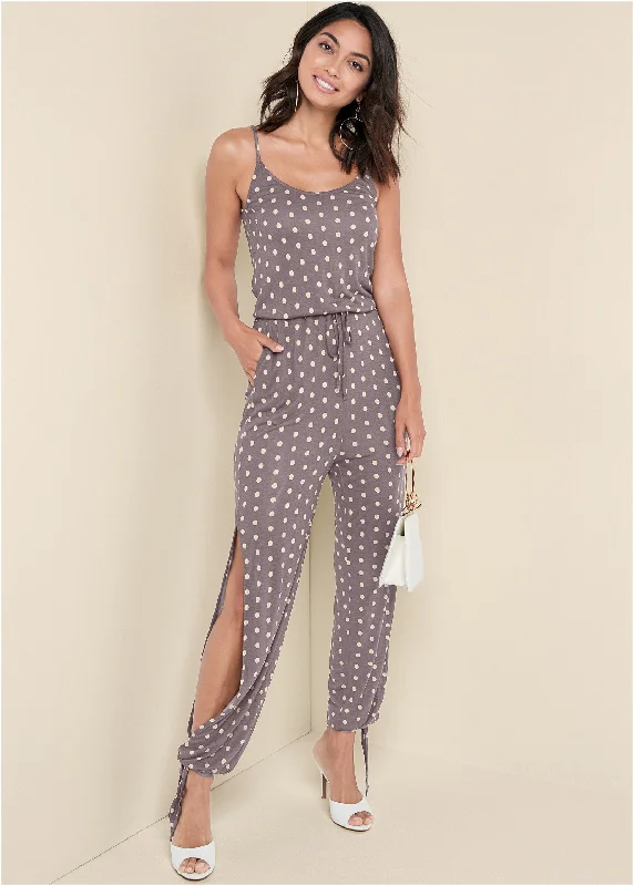 Polka Dot Jumpsuit - Taupe