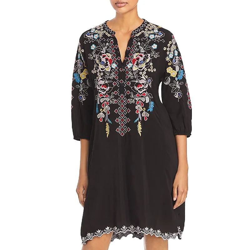 Johnny Was Women's Black Multi Colored Embroidered Nola Shift Dress Casual Knee