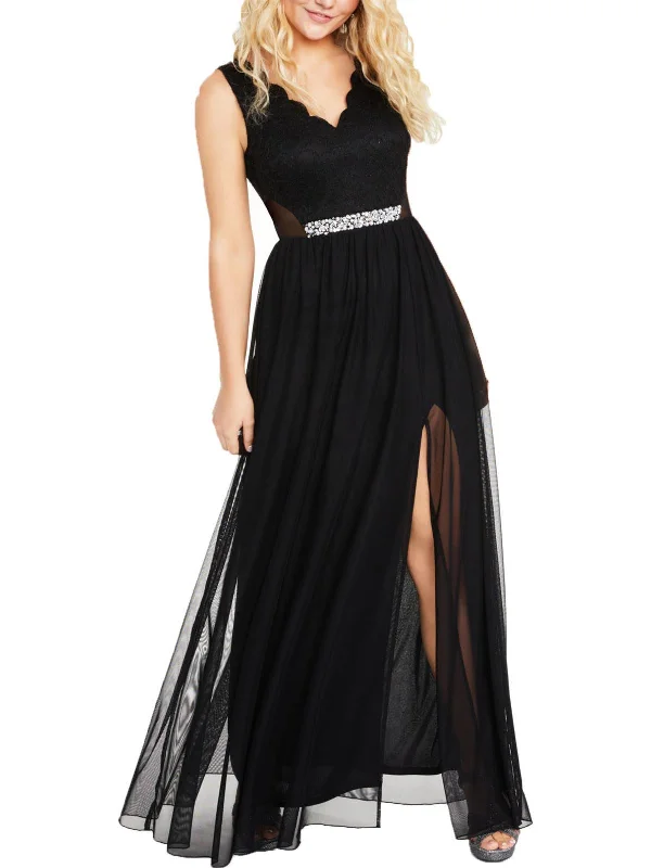 Juniors Womens Lace Embellished Evening Dress