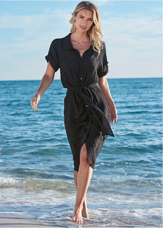 Button Down Dress Cover-Up - Black Beauty