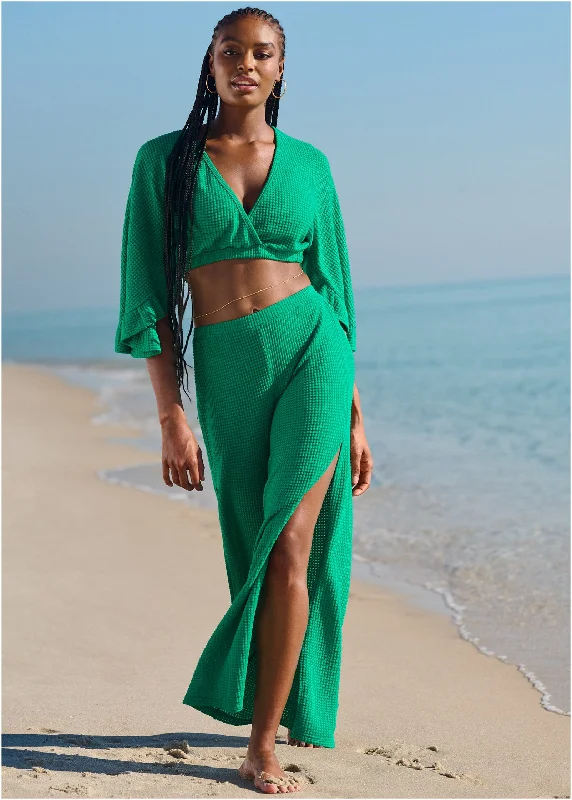 Waffle Knit Crop Cover-Up - Royal Green