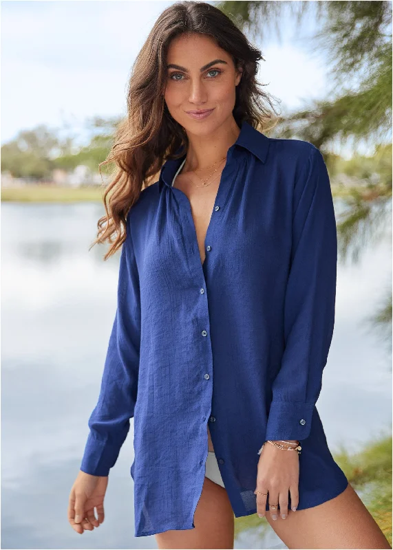 Button Down Cover-Up Shirt - Navy