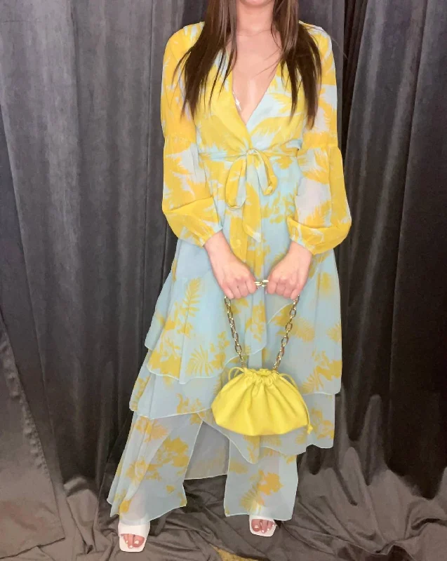 Long Sleeve Print Maxi Dress In Yellow