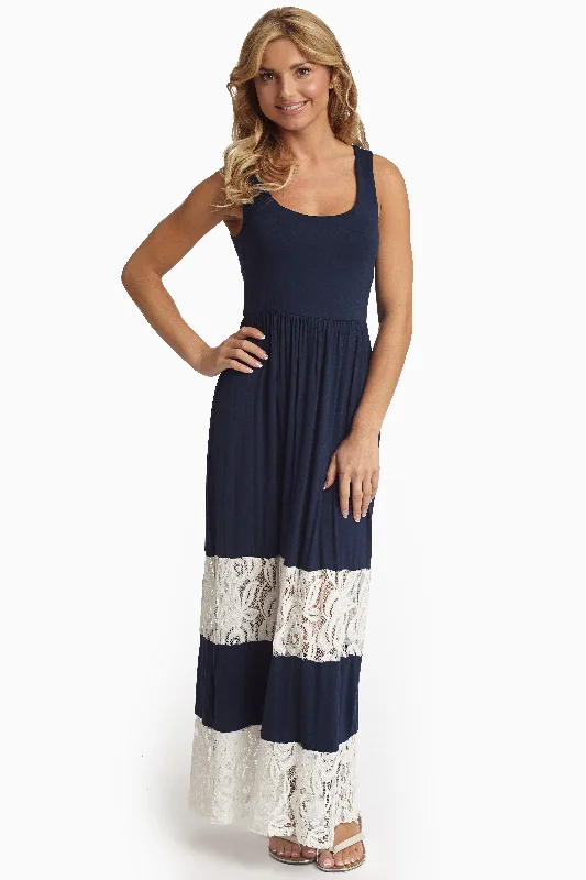 Navy Blue Lace Colorblock Maxi Dress