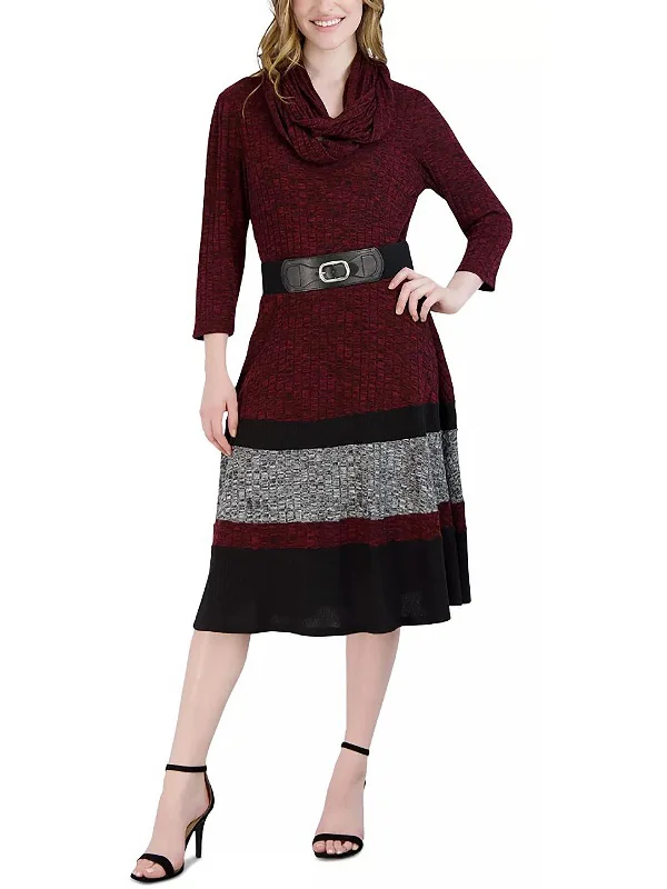 Petites Womens Belted Midi Sweaterdress