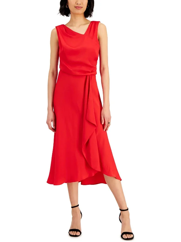 Petites Womens Drapey Calf Midi Dress