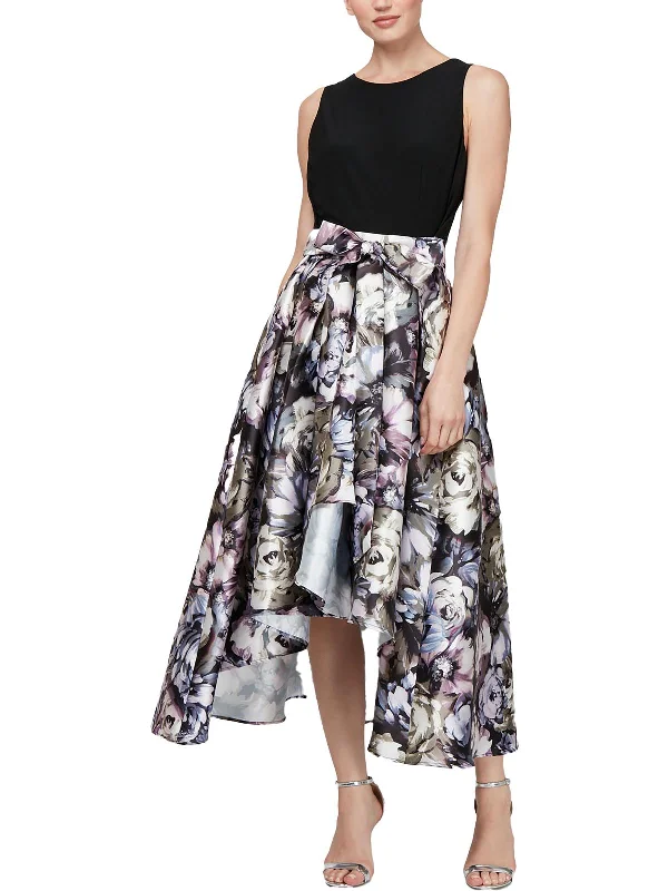 Petites Womens Floral Print Midi Evening Dress