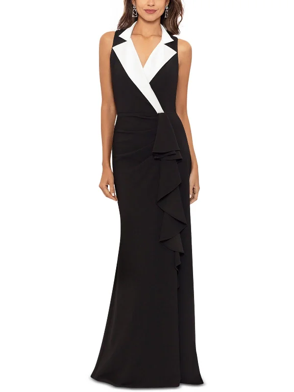 Petites Womens Satin Trim Tuxedo Evening Dress