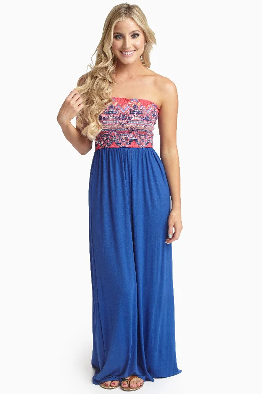 Royal Fuchsia Printed Top Strapless Maxi Dress