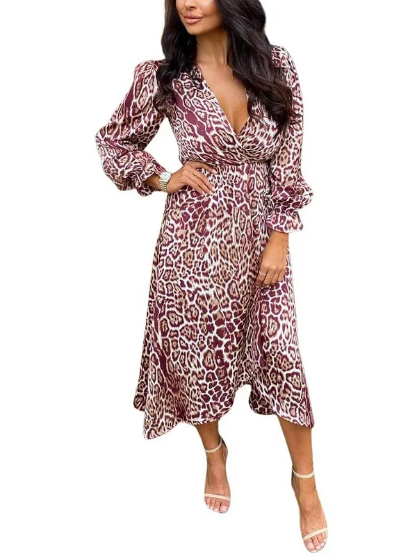 Womens Animal Print Faux Wrap Midi Dress