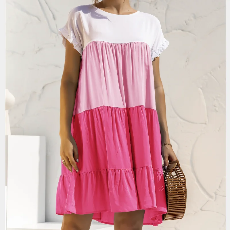 Womens Color Block Summer Dress with Ruffle Sleeve