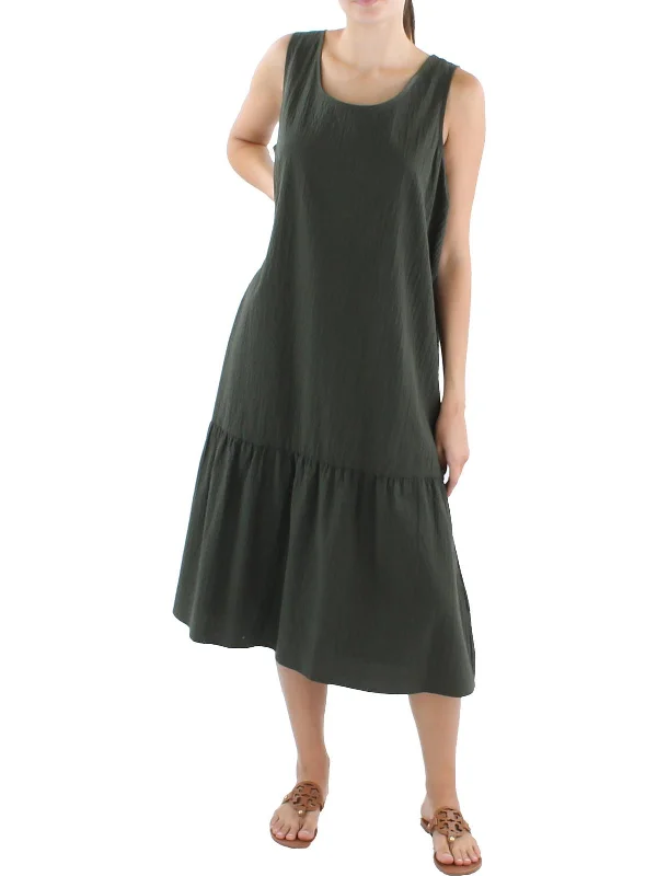 Womens Crinkle Midi Shift Dress