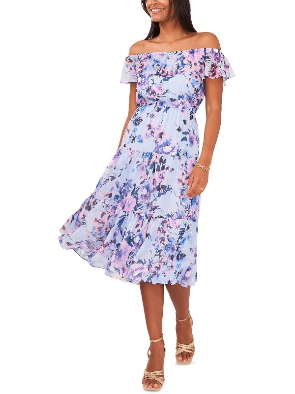 Womens Floral Off-The-Shoulder Midi Dress