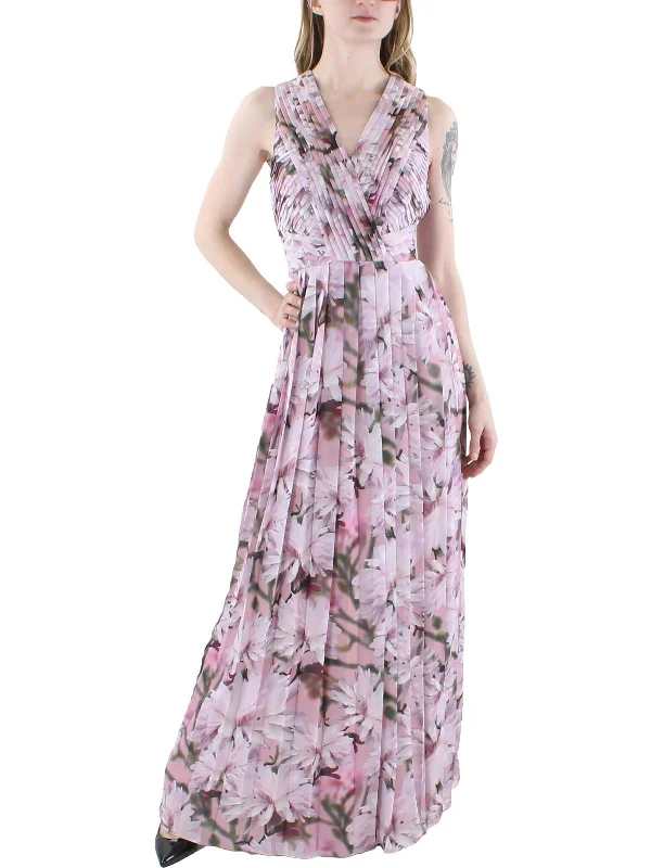 Womens Floral Pleated Evening Dress