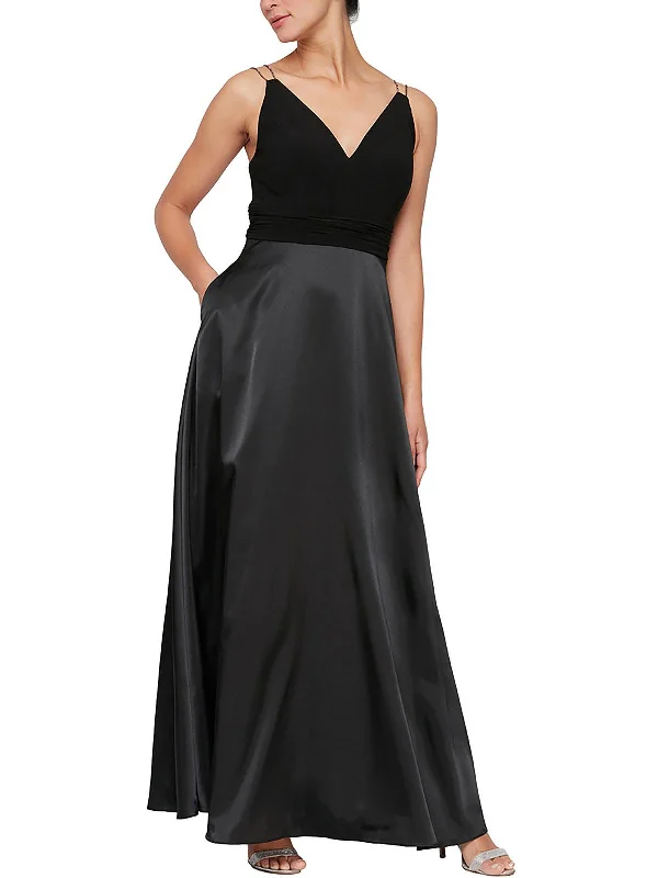 Womens Satin Jeweled Straps Evening Dress