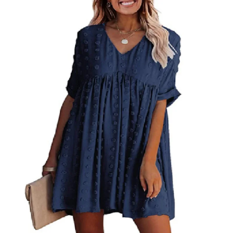 Womens V Neck Short Sleeves Flowy Dress