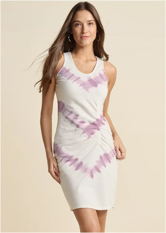 Tie Dye Ruched Lounge Dress - White & Purple