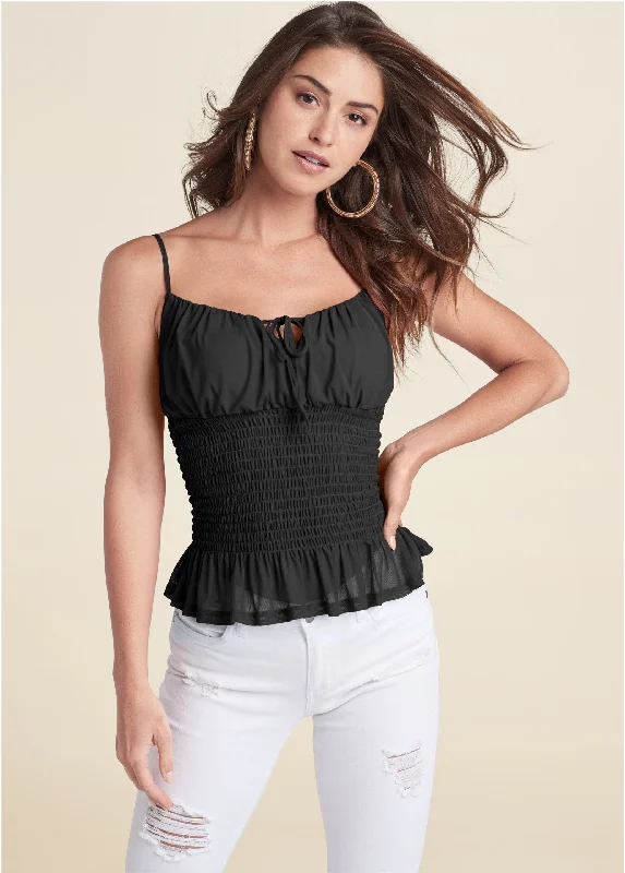 Smocked Mesh Top - Black