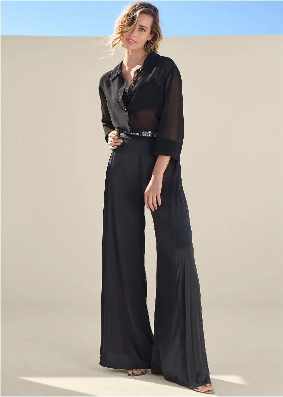 Side Pleat Wide Leg Pants - Black